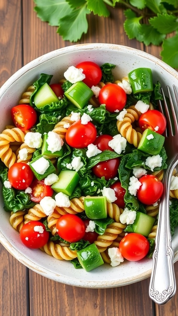 A colorful kale pasta salad with whole grain pasta, kale, cherry tomatoes, and feta cheese in a rustic bowl.